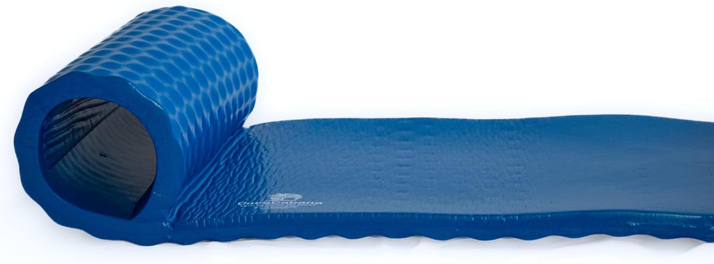 Close-up side view of Cococabana blue NBR foam water hammock showing one bolster end—durable, lightweight, and tear-resistant with smooth finish.

