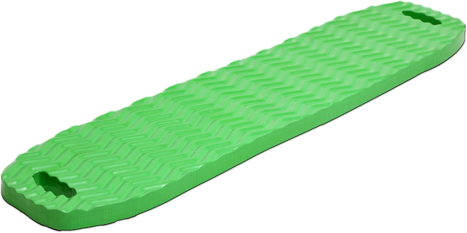Angled product view of a green CocoCabana saddle pool float showing textured surface and side handles.

