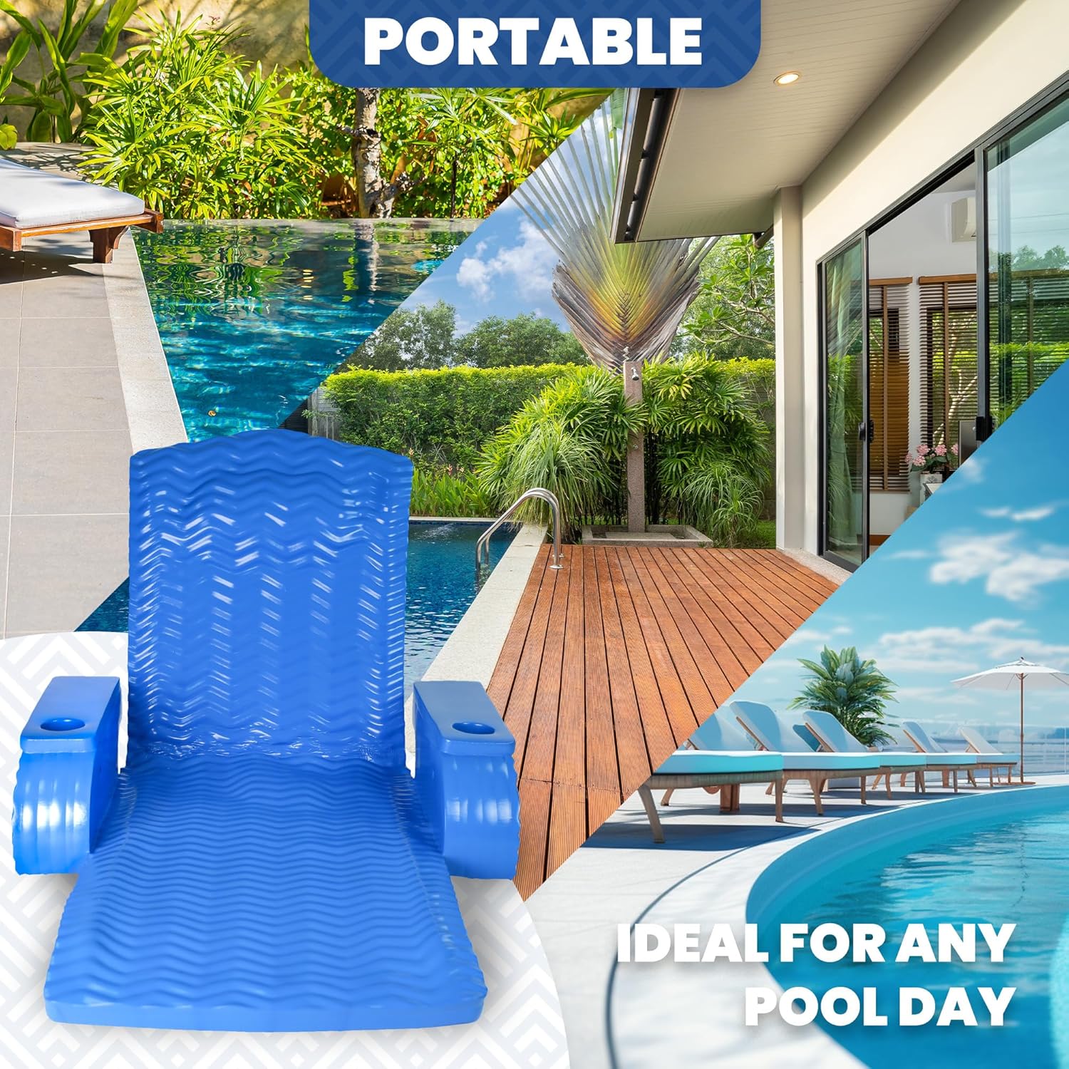 Cococabana foam pool chair shown in four tropical poolside settings, showcasing portability and ease of use for various outdoor setups.
