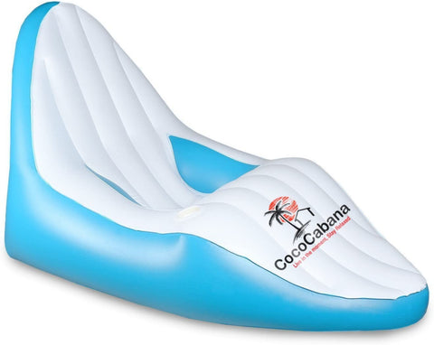 Cococabana Seychelles inflatable pool lounger with contoured body and drink holder—designed for comfort and support while floating.

